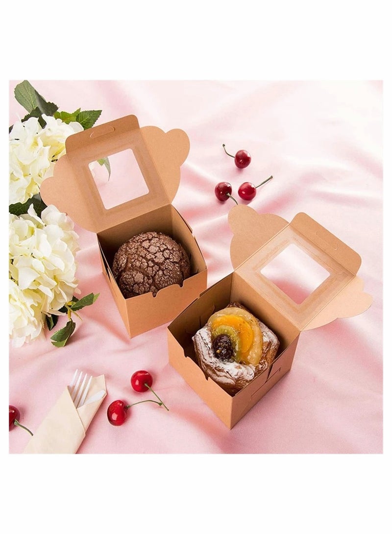 10 Pack Bakery Boxes Small Brown Cake Box Small Kraft Cookie Boxes with Window for Cupcakes Pies, Donuts, 4x4x2.5 Inches