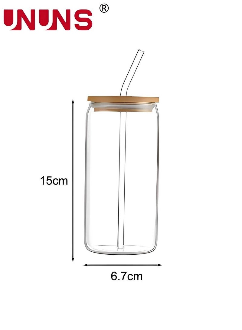 Drinking Glasses Set,4 Pack 16oz Can Shaped Glass Cups With Cover And Straw,Beer Glasses, Iced Coffee Glasses,2 Cleaning Brushes,Travel Coffee Mug Set