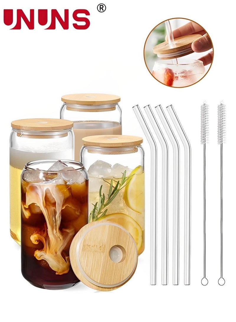 Drinking Glasses Set,4 Pack 16oz Can Shaped Glass Cups With Cover And Straw,Beer Glasses, Iced Coffee Glasses,2 Cleaning Brushes,Travel Coffee Mug Set