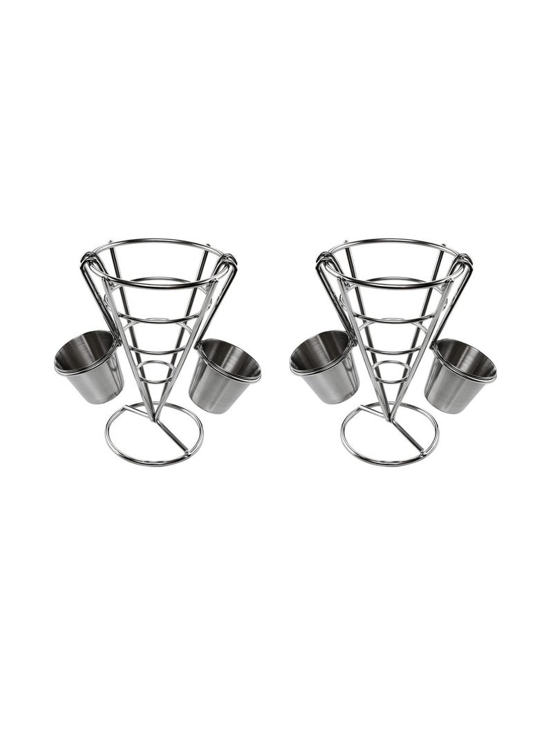 French Fry Serving Stands, with Double Sauce Holders Stainless Steel Fry Cone Basket Fish Chips Holder Restaurant Cafe Table Food Serving Display Wire Stands for Kitchen Restaurant Buffet (2 Pieces)