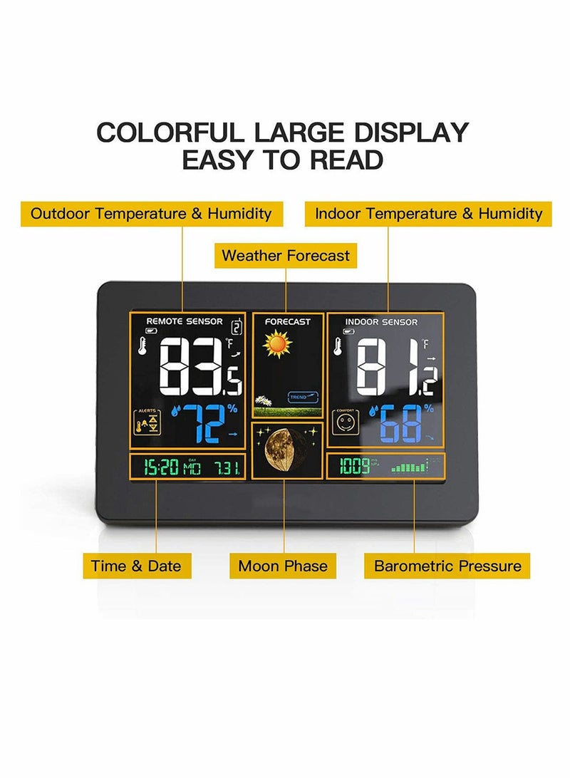 Weather Station Wireless Indoor Outdoor Thermometer Color Display Digital Weather Thermometer with Atomic Clock, Forecast Station with Calendar and Adjustable Backlight