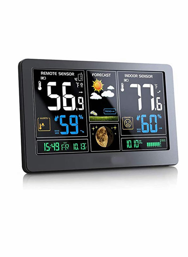 Weather Station Wireless Indoor Outdoor Thermometer Color Display Digital Weather Thermometer with Atomic Clock, Forecast Station with Calendar and Adjustable Backlight