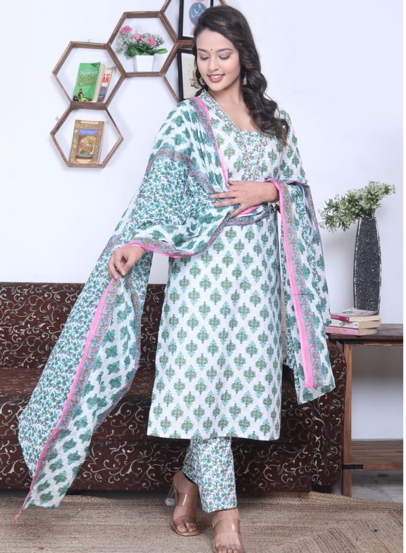 Two Directional Print Cotton Kurti Pant Dupatta Set Ethnic Wear for Women.