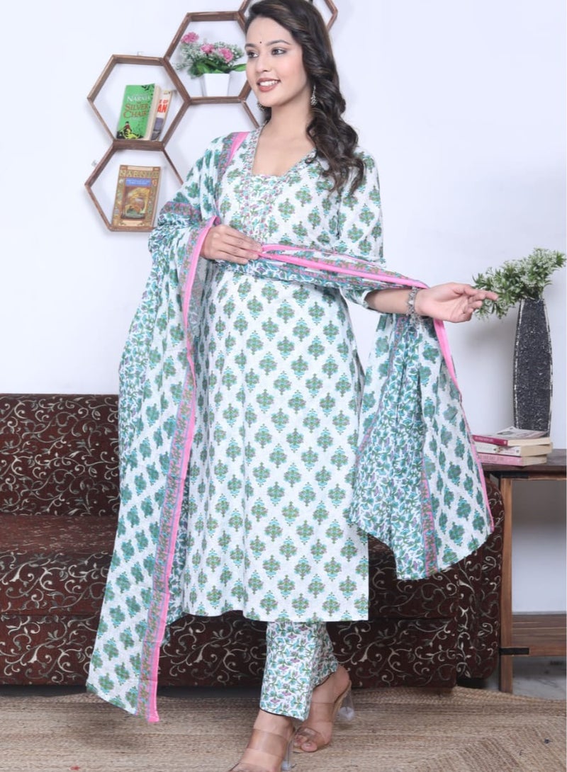 Two Directional Print Cotton Kurti Pant Dupatta Set Ethnic Wear for Women.