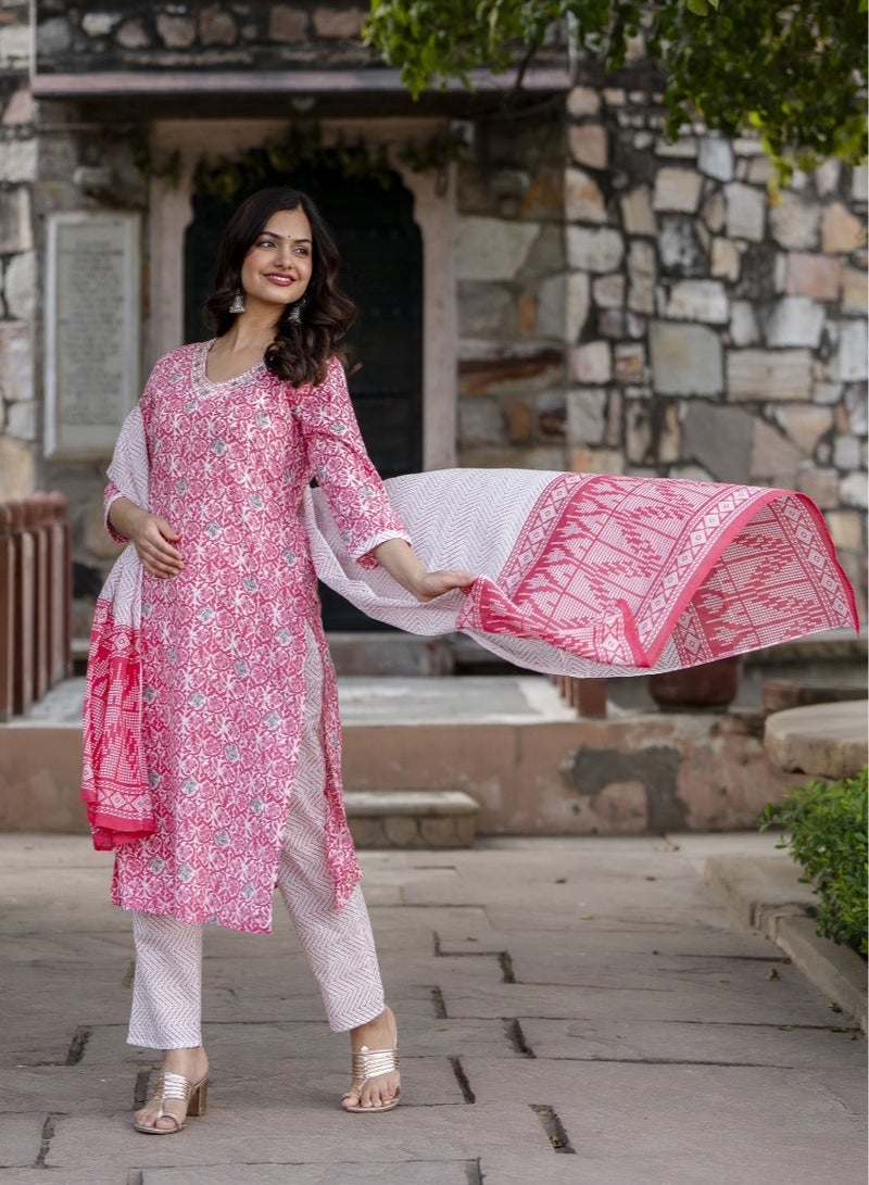 Cotton Fabric Batik Print Women Kurta Set with Dupatta an Ethnic Wear for Women