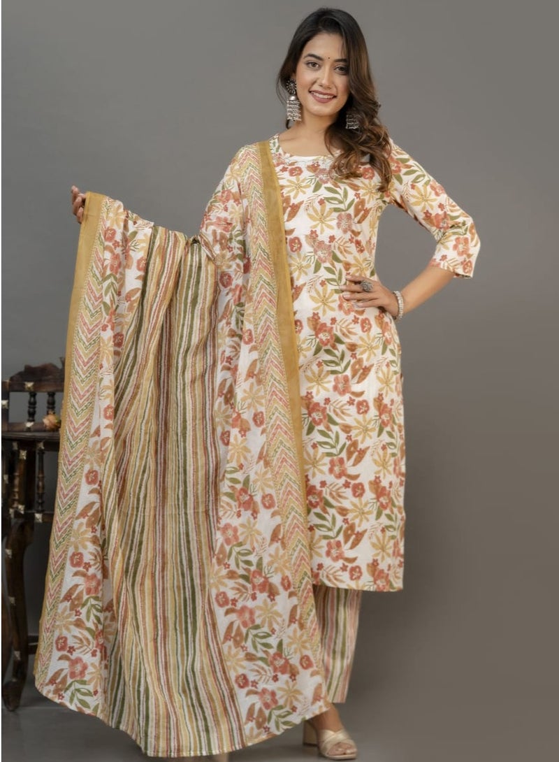 Floral Print Cotton Kurta Set Ethnic Indian Wear for Women.