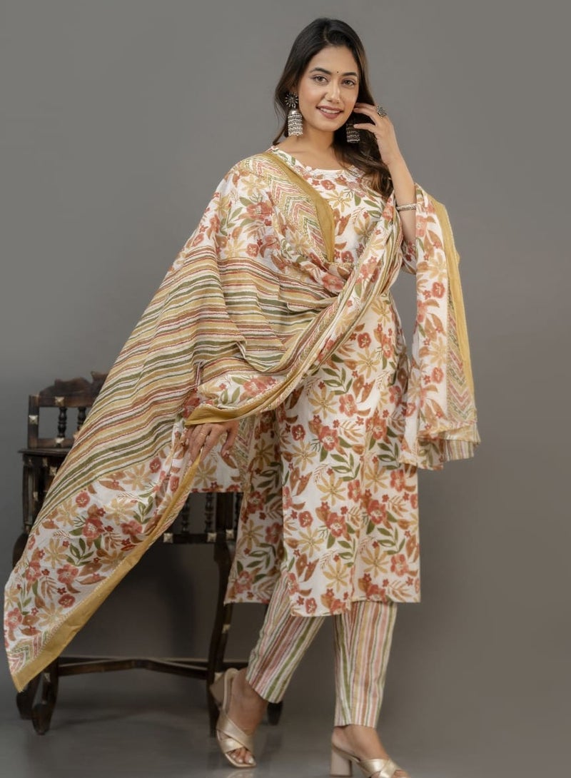 Floral Print Cotton Kurta Set Ethnic Indian Wear for Women.