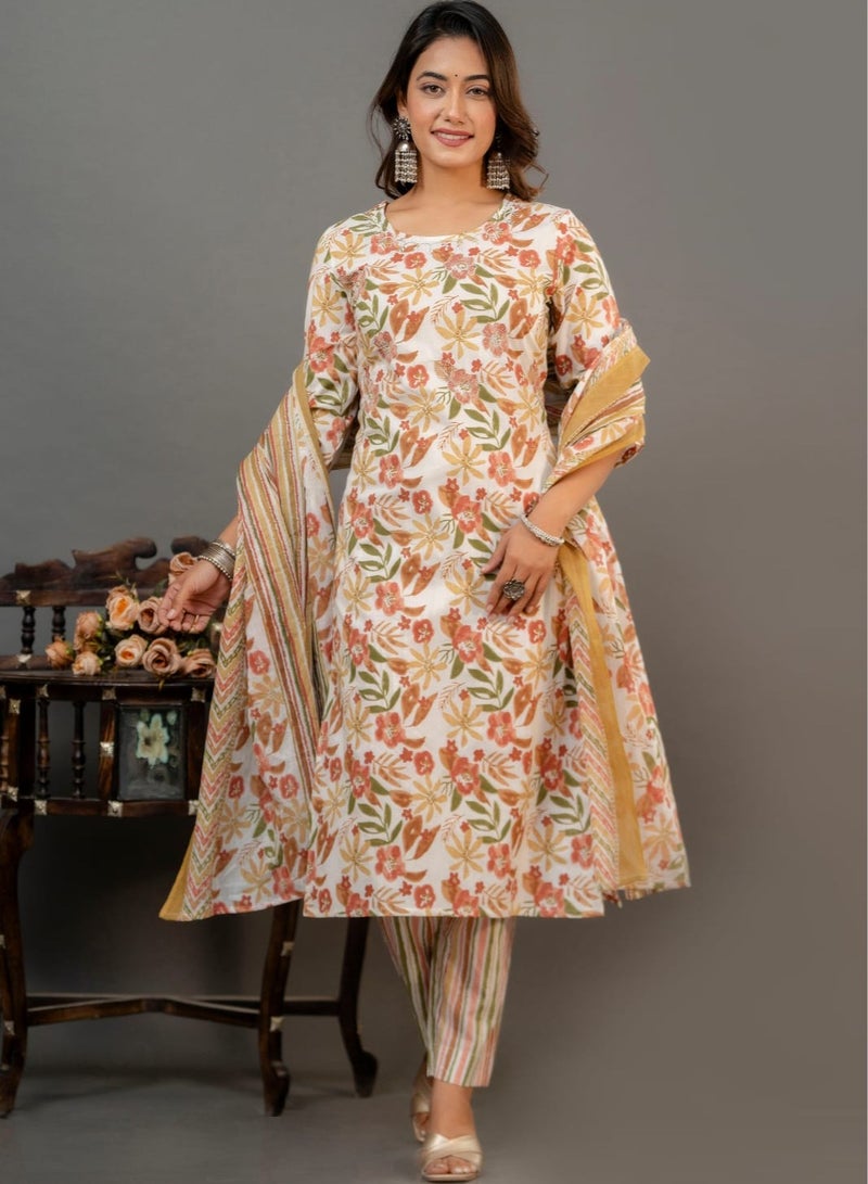 Floral Print Cotton Kurta Set Ethnic Indian Wear for Women.