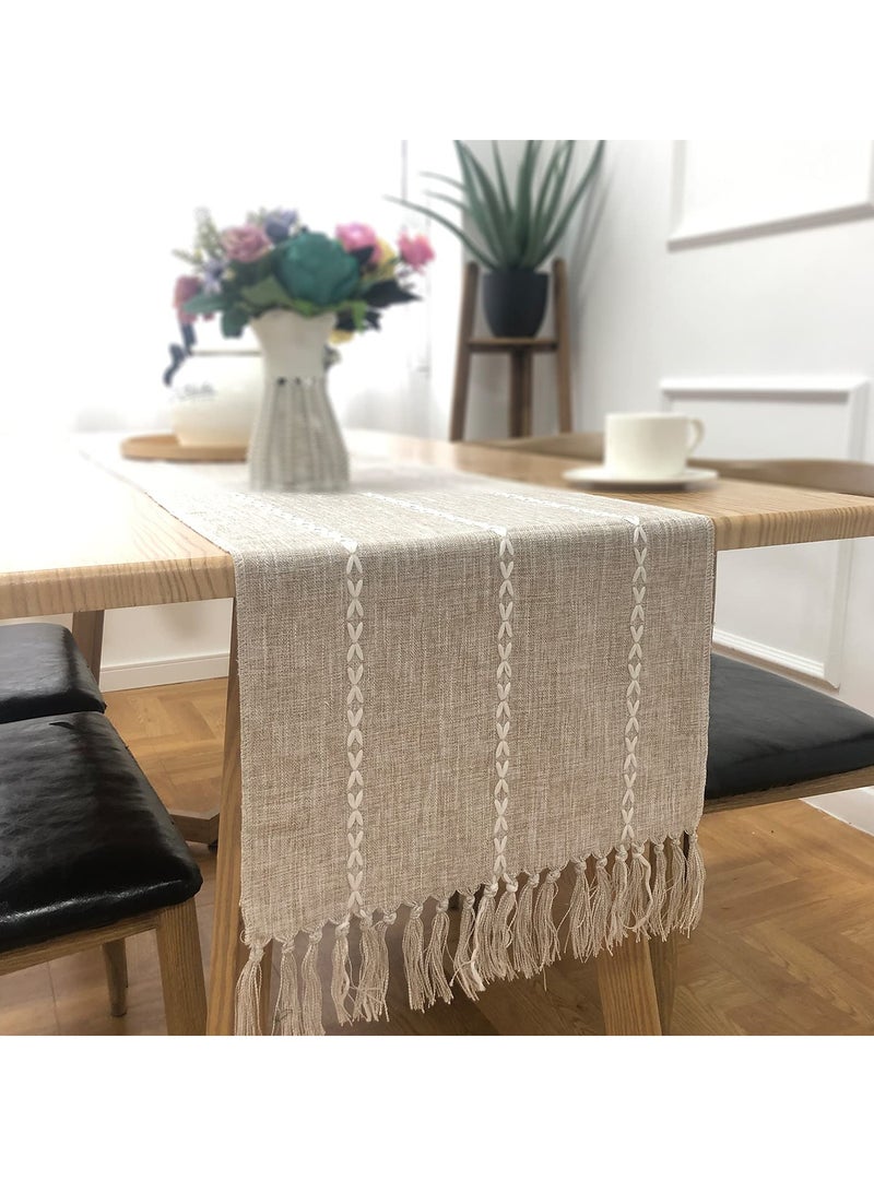 Braided Farmhouse Table Runner, Cotton Linen Boho Table Runner, Vintage Woven Table Runner, Cotton Linen Table Decorations with Tassel for Dining Party Holiday Braided Desert Sage 13 x 70''