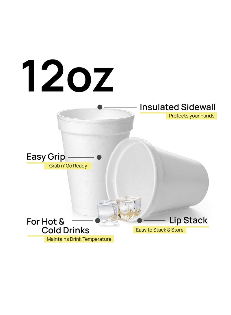12 Oz Disposable Styrofoam Cups, 50 Pcs White Foam Cup Insulates Hot & Cold Beverages, Made in the USA, To-Go Cups - for Coffee, Tea, Hot Cocoa, Soup, Broth, Smoothie, Soda, Juice