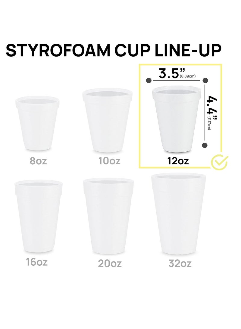 12 Oz Disposable Styrofoam Cups, 50 Pcs White Foam Cup Insulates Hot & Cold Beverages, Made in the USA, To-Go Cups - for Coffee, Tea, Hot Cocoa, Soup, Broth, Smoothie, Soda, Juice