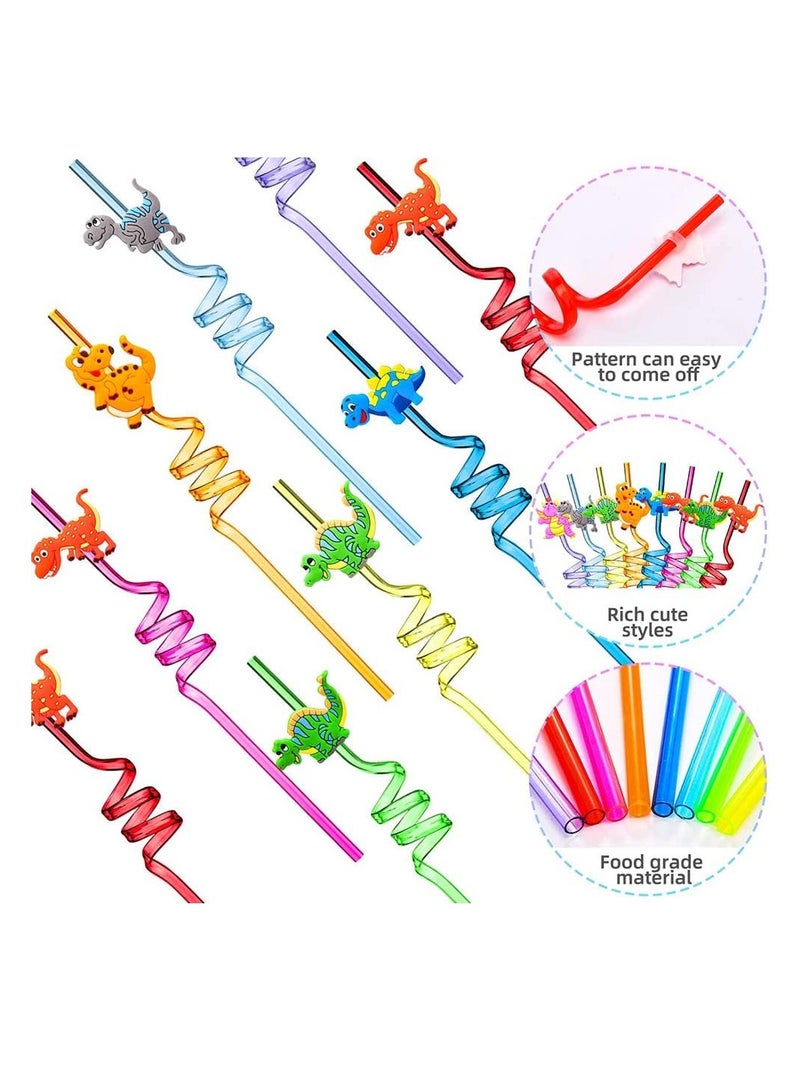 24 Pieces Reusable Dinosaur Straws Plastic Dinosaur Straws for Kids Safari Jungle Dinosaur Theme Straws for Dinosaur Party Decoration Supplies Birthday Party Favors, 8 Styles