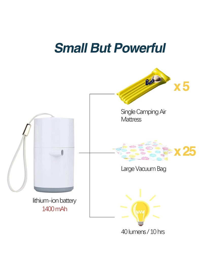 Mini Portable Air Pump Mini Electric Air Pump for Inflatables 1400mAh Battery USB Rechargeable Air Pump with 410LM LED Light Quick Inflate for Camping Battery Pool Float Pump