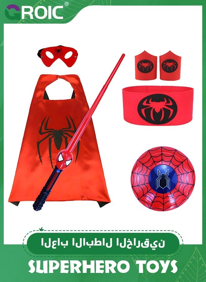 Spiderman Toy Set, Spider-man Capes and Eye Mask Dress Up, Kids Superhero Belt and Wrist Band Set, Comic Action Figures Shield Set, Superhero Costume Role Play Toy, Gift for Boys Girls 3+