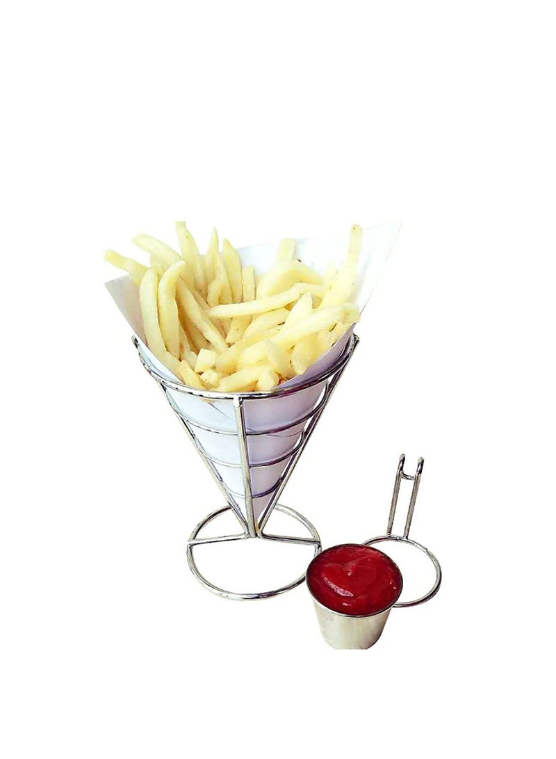 French Fry Serving Stands, with Double Sauce Holders Stainless Steel Fry Cone Basket Fish Chips Holder Restaurant Cafe Table Food Serving Display Wire Stands for Kitchen Restaurant Buffet (2 Pieces)