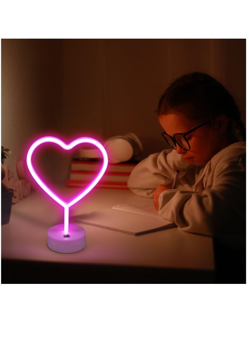 2 Pack Heart Neon Signs, LED Pink Heart Neon Sign Battery Operated or USB Powered Decoration Lamp, Neon Lights Heart Decor for Valentines Day, Bedroom, Wedding, Party, Pink Room Decor