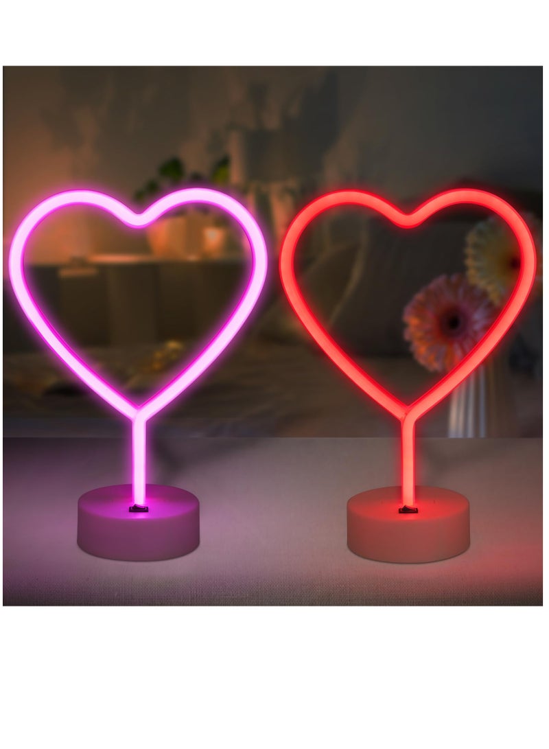 2 Pack Heart Neon Signs, LED Pink Heart Neon Sign Battery Operated or USB Powered Decoration Lamp, Neon Lights Heart Decor for Valentines Day, Bedroom, Wedding, Party, Pink Room Decor