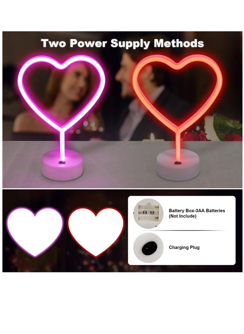 2 Pack Heart Neon Signs, LED Pink Heart Neon Sign Battery Operated or USB Powered Decoration Lamp, Neon Lights Heart Decor for Valentines Day, Bedroom, Wedding, Party, Pink Room Decor