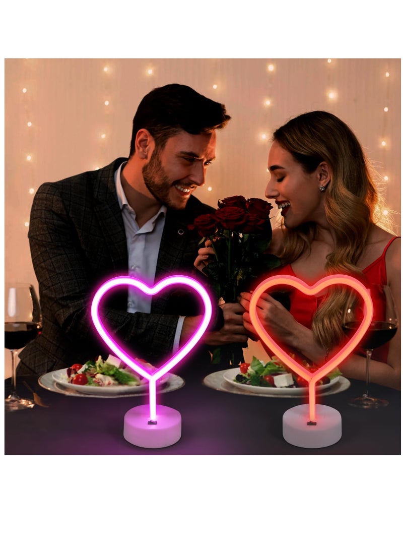 2 Pack Heart Neon Signs, LED Pink Heart Neon Sign Battery Operated or USB Powered Decoration Lamp, Neon Lights Heart Decor for Valentines Day, Bedroom, Wedding, Party, Pink Room Decor