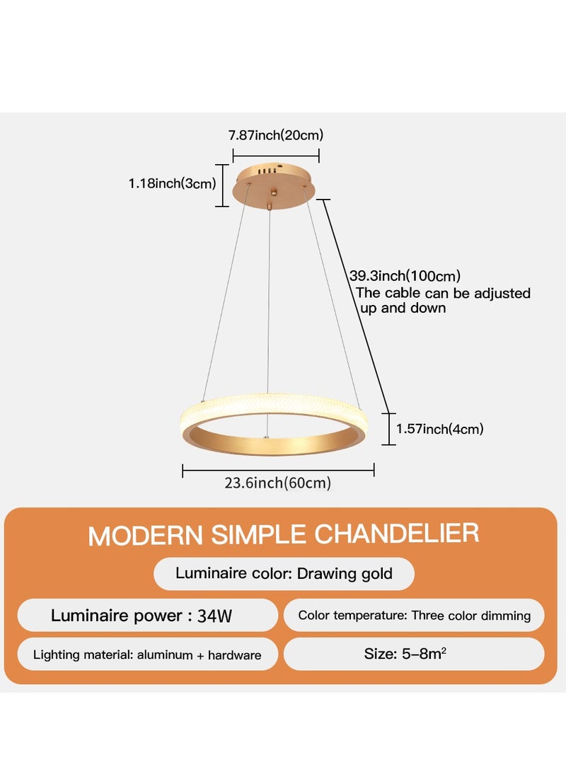 Modern LED Chandeliers Dining Room,Remote Control Simplicity Gold Acrylic Ring Chandelier for Kichen Table,Study,Adjustable Color Temperature Chandelier Lamp (60CM)