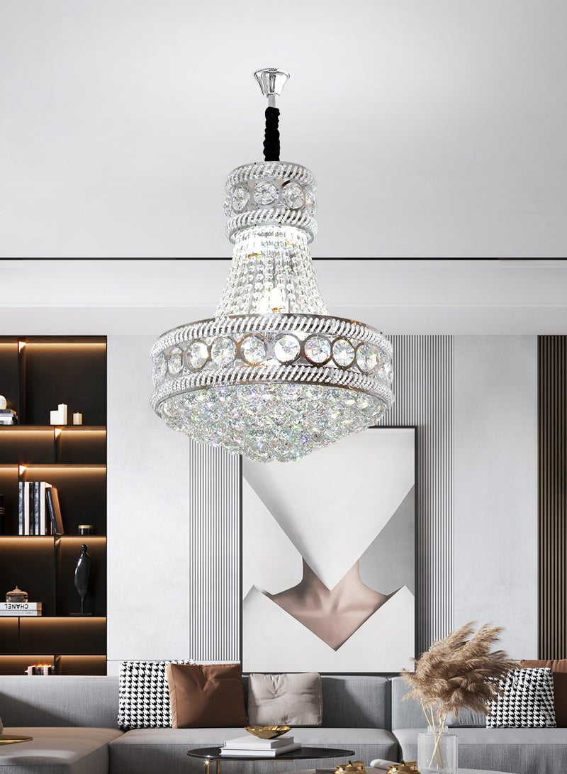 The LED Crystal Chandelier is a modern silver crystal chandelier with adjustable light and height, perfect for various settings such as living rooms, restaurants, and bedrooms.