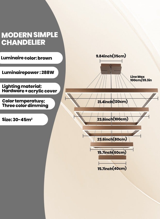 Modern LED Chandelier - 5 Ring Dimmable Light with Remote Control, 3-Dimmable Colors, Adjustable Height and Heat Dissipation - Perfect for Living Rooms, Bedrooms, and Staircases,288W