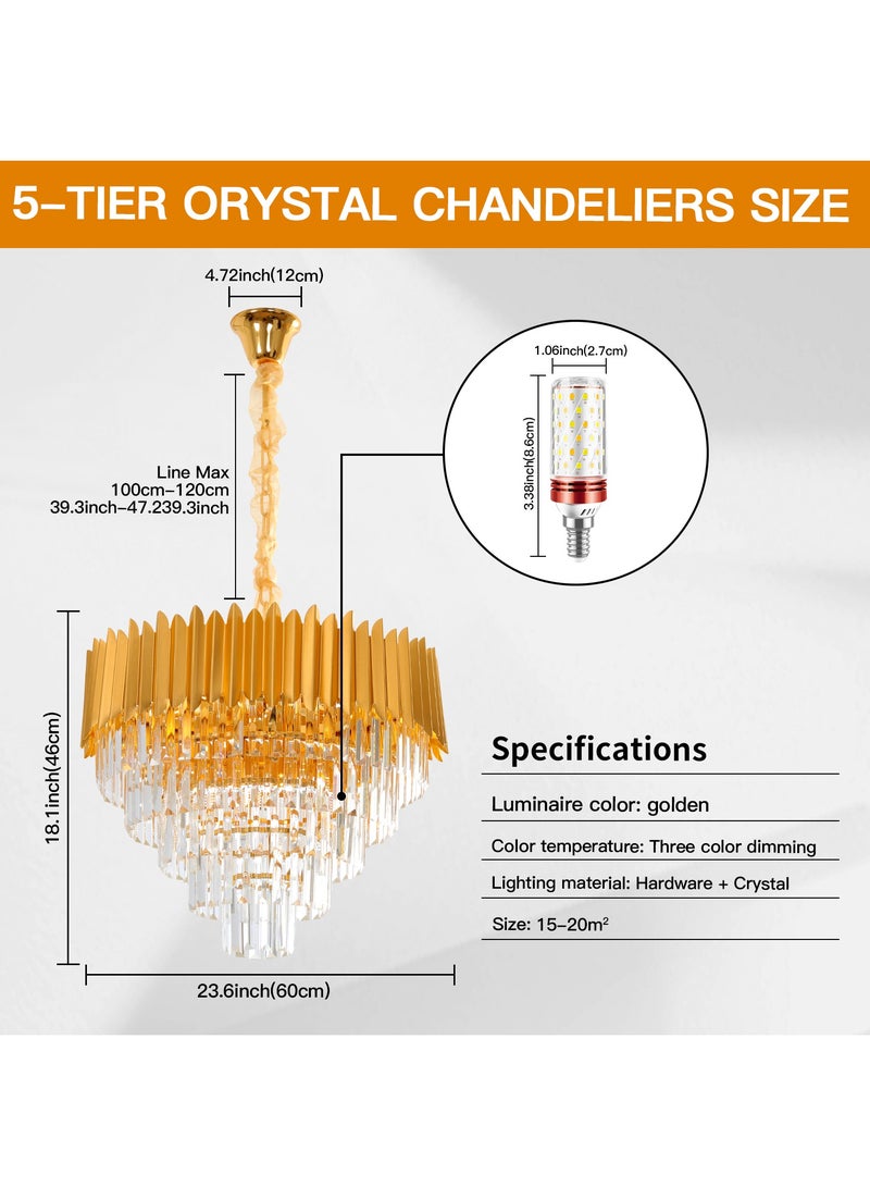 Modern Luxury Gold Crystal Chandelier,5-Tier Pendant Lights Fixture, K9 Crystal Hanging Ceiling Light,11-Bulb Pendant Lights Fixture for Dining Room, Living Room, Bedroom, Coverage Area 15-20㎡