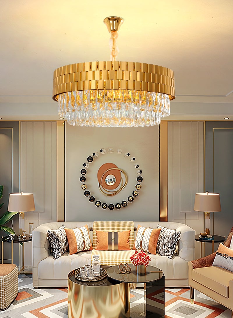 Luxury Crystal Chandelier Living Room,Dia 60cm Gold Modern Crystal Chandelier Light, Round Crystal Chandelier Lamp for Dining Room Hotel Hall Art Decor