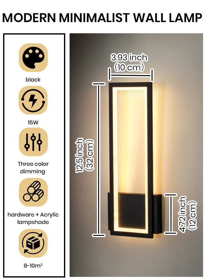 LED Wall Sconces - Modern Wall Lights for Living Room, Bedroom - 3-Color Dimming & 15W Brightness - Easy Install Wall Light Fixtures - Elegant Rectangular Design