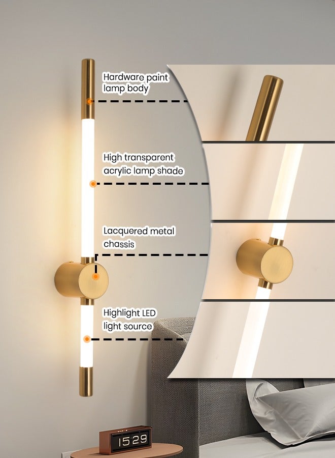 LED Wall Lights for Bedrooms & Living Rooms - Dimmable Sconces Wall Lighting Fixtures with 3 Color Temperature & High-Quality Metal Construction - Modern Golden Linear Strip Shape