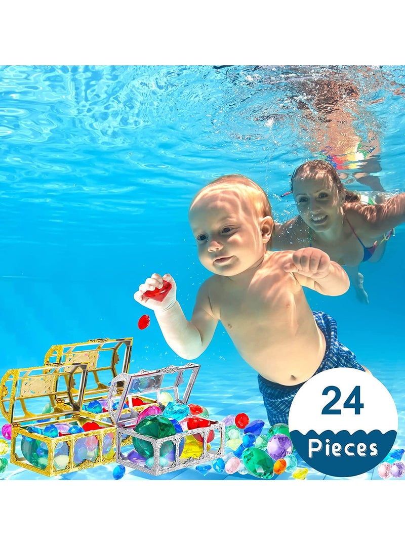 24 Diving Gems Pool Toys with 3 Treasures Pirate Box, Summer Swimming Gems Diving Teaching Toys Colorful Sinking Gems Pool Toys Underwater Gem Diving Dive Throw Toy