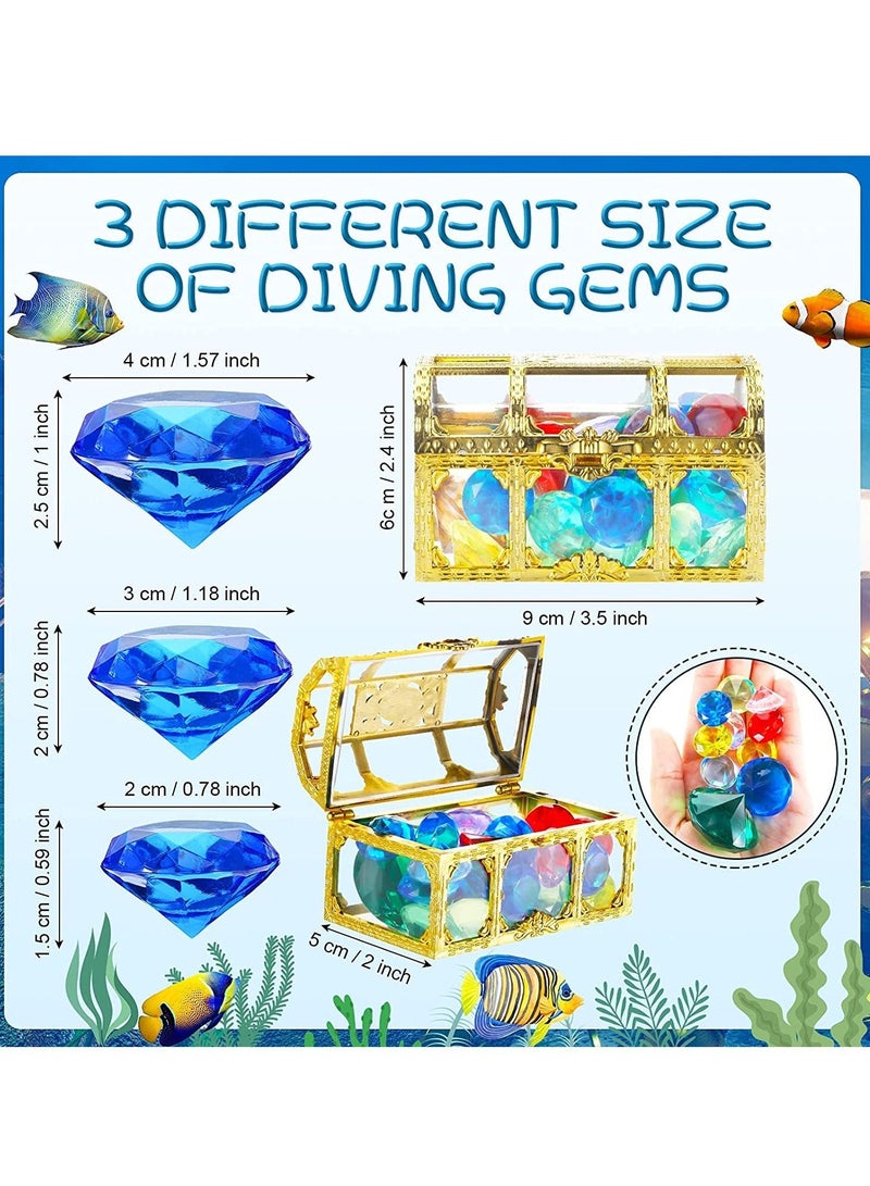 24 Diving Gems Pool Toys with 3 Treasures Pirate Box, Summer Swimming Gems Diving Teaching Toys Colorful Sinking Gems Pool Toys Underwater Gem Diving Dive Throw Toy