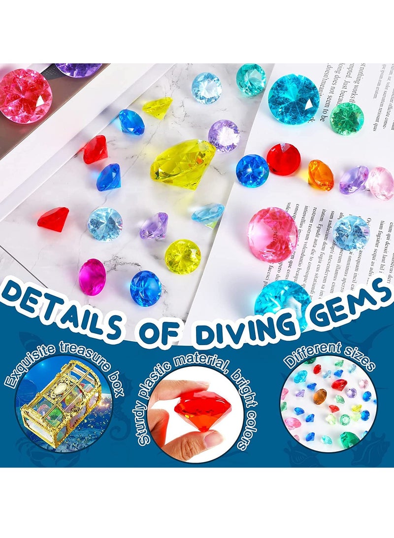 24 Diving Gems Pool Toys with 3 Treasures Pirate Box, Summer Swimming Gems Diving Teaching Toys Colorful Sinking Gems Pool Toys Underwater Gem Diving Dive Throw Toy