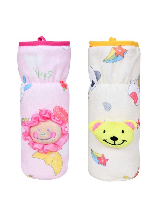 Soft Plush Stretchable Baby Feeding Bottle Cover With Easy To Hold Strap ; Cute Animated Overall Print Pack Of 2 (Pink & Yellow Narrow Neck 240Ml;8Oz)