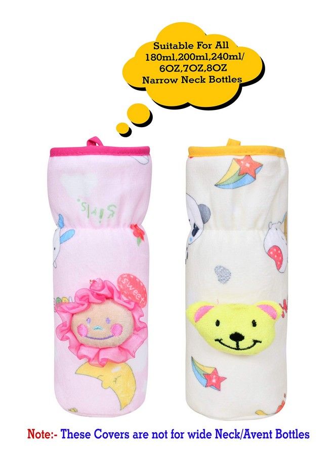 Soft Plush Stretchable Baby Feeding Bottle Cover With Easy To Hold Strap ; Cute Animated Overall Print Pack Of 2 (Pink & Yellow Narrow Neck 240Ml;8Oz)