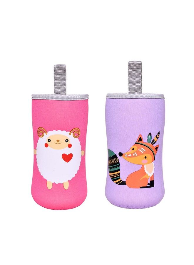 Cute Animated Patterned Soft Stretchable Baby Feeding Bottle Cover With Easy To Hold Strap For 120Ml 150Ml 240Ml (Zebra & Sheep Pack Of 2)