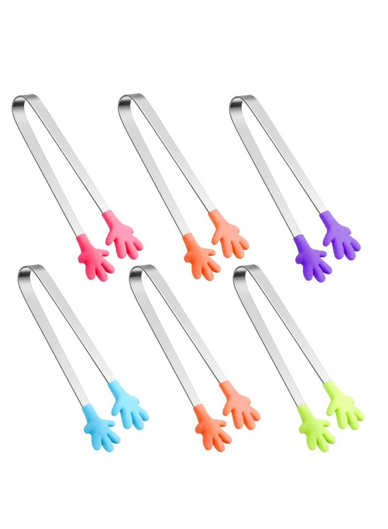 Silicone Mini Tongs 6PCS, 5 Inch Hand Shape Food Tongs, Colourful Small Kids Tongs for Serving Food, Ice Cube, Fruits, Sugar, Barbecue