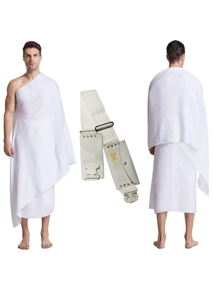 2-Piece Ihram Towel Set for Men with Regular Size Belt Best Fits up-to 34 Inch Waist Non-Stitched Umrah Towel, Pure White Hajj Towel, 82x42 Inches, 1.4 Kg