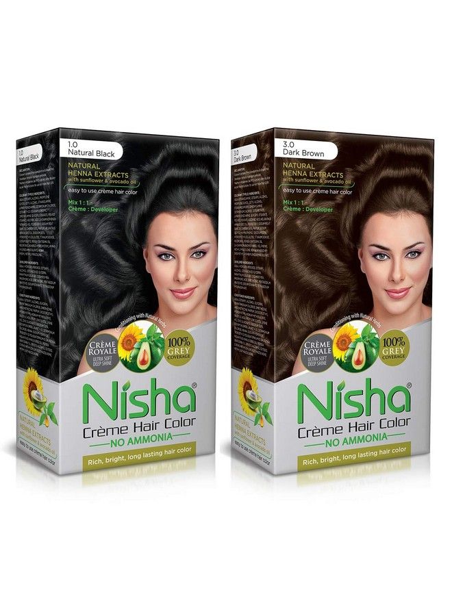 Nisha Creme Hair Color Combo Pack Rich Bright Long Lasting Shine Hair Colour (60Gm + 90Ml + 18Ml Nisha Conditioner) (Pack Of 2 Natural Black & Dark Brown)