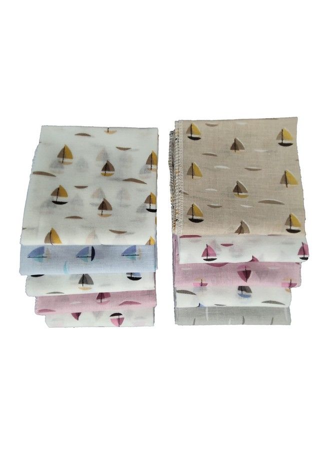 Super Soft 100% Cotton Thin Malmal Face Towels ; Reusable Hygiene Wash Cloth ; Napkin For New Babies ; Soft Cotton Kids Hankies (Small 40 X 40 Cmcolor Boats Pack Of 10 Pcs)
