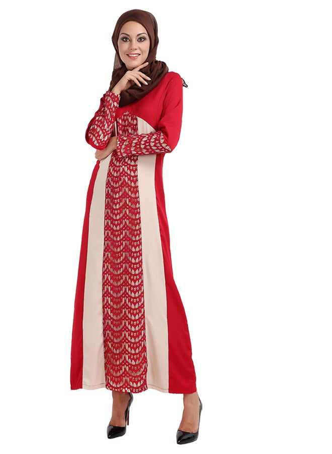 Long Sleeves Dress Red/Beige