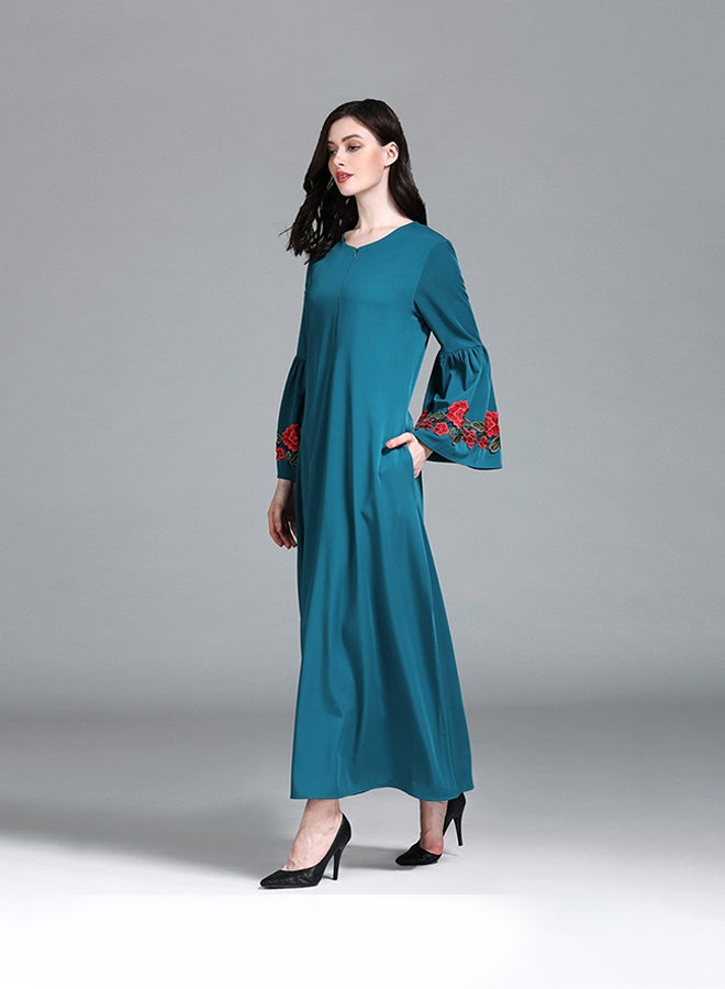 Bell Sleeves Embroidered Maxi Dress Green