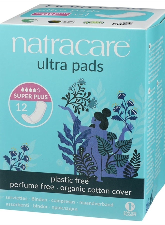Natracare Slim Fitting Ultra Pads with Wings, Super Plus, Made with Certified Organic Cotton, Ecologically Certified Cellulose Pulp and Plant Starch (1 Pack, 12 Pads Total)