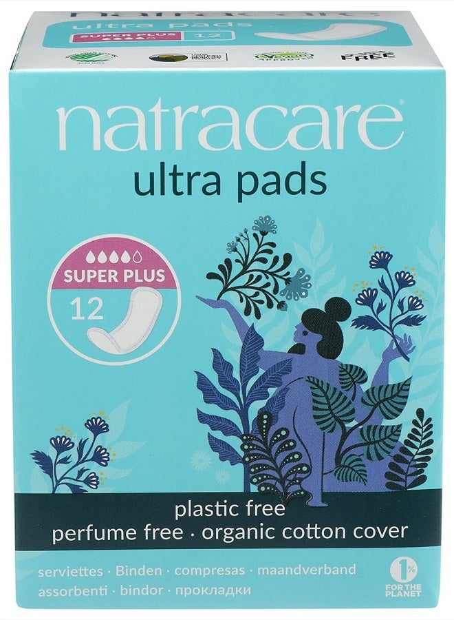 Natracare Slim Fitting Ultra Pads with Wings, Super Plus, Made with Certified Organic Cotton, Ecologically Certified Cellulose Pulp and Plant Starch (1 Pack, 12 Pads Total)