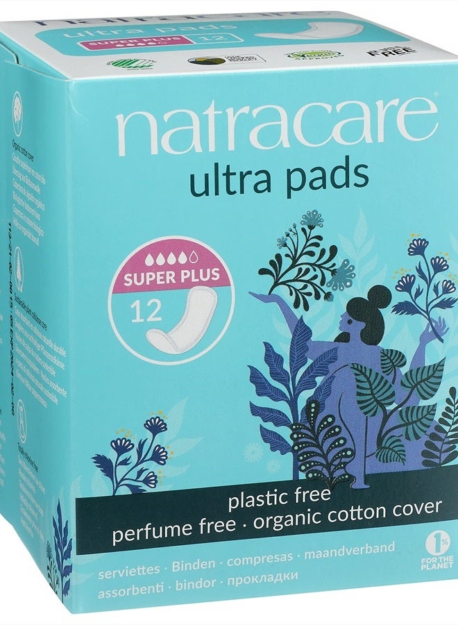 Natracare Slim Fitting Ultra Pads with Wings, Super Plus, Made with Certified Organic Cotton, Ecologically Certified Cellulose Pulp and Plant Starch (1 Pack, 12 Pads Total)