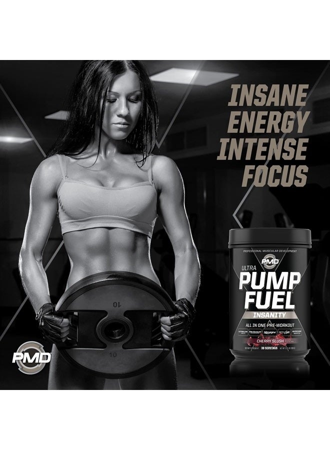 Sports Ultra Pump Fuel Insanity - Pre Workout Drink Mix for Energy, Strength, Endurance, Recovery - Complex Carbohydrates and Amino Energy - Cherry Slush (30 Servings)