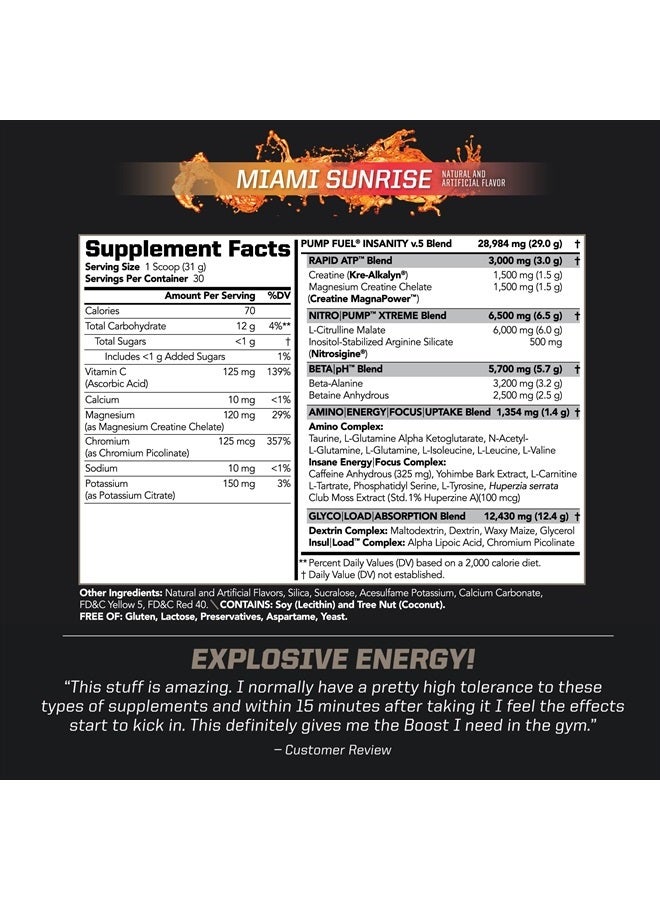 Sports Ultra Pump Fuel Insanity - Pre Workout Drink Mix for Energy, Strength, Endurance, Recovery - Complex Carbohydrates and Amino Energy - Miami Sunrise (30 Servings)