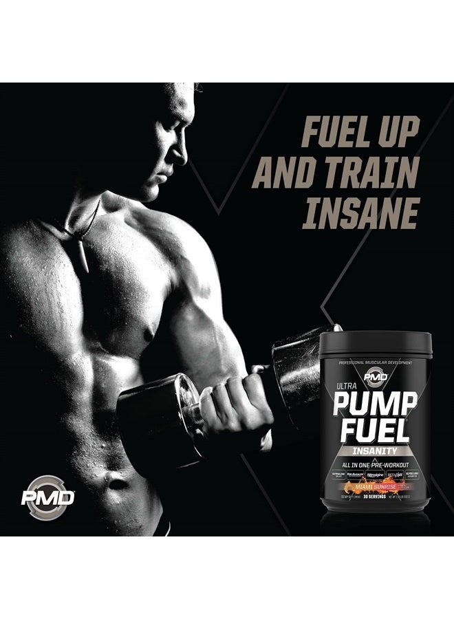 Sports Ultra Pump Fuel Insanity - Pre Workout Drink Mix for Energy, Strength, Endurance, Recovery - Complex Carbohydrates and Amino Energy - Miami Sunrise (30 Servings)