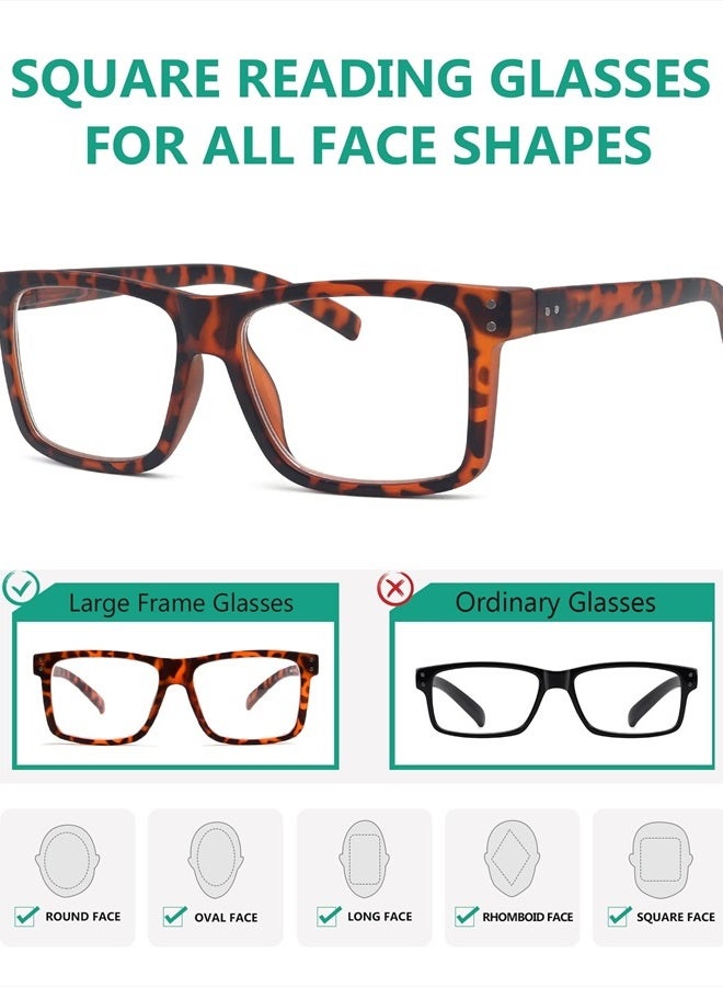 5-pack Oversized Reading Glasses Square Large Frame Readers for Men and Women +1.50