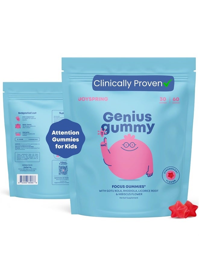 Genius Focus Gummies - Kids Focus Gummies for Increased Attention Natural Herbal Brain Gummies - Vegan, Gluten-Free, Sugar-Free with Bacopa, Gotu Kola, Rhodiola - 60 Gummies